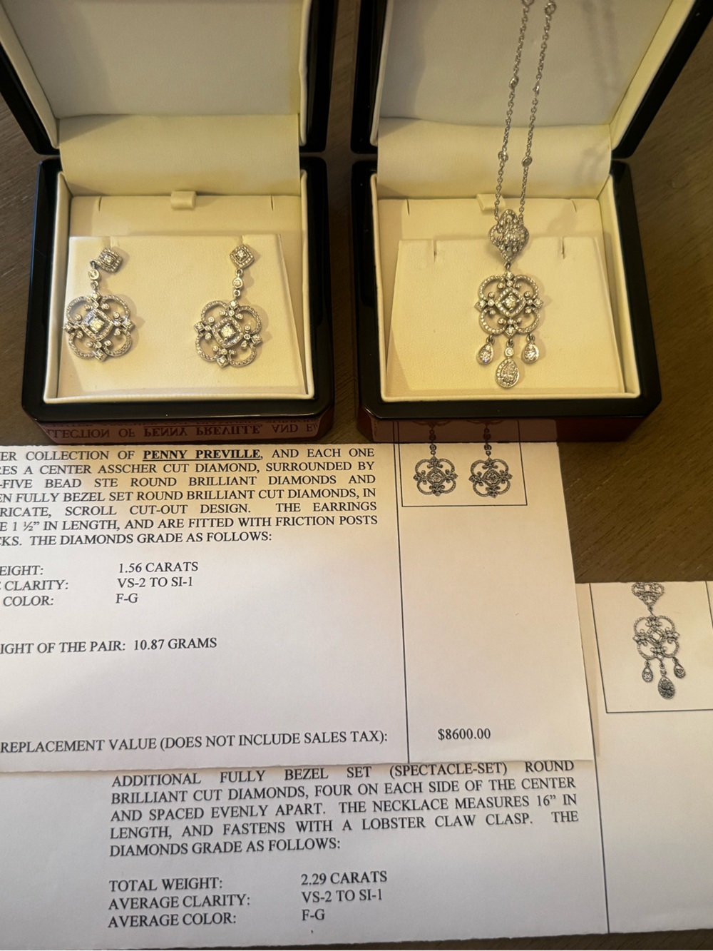 18K White Gold Filigree Pendant Necklace & Drop Earrings Set - Silver